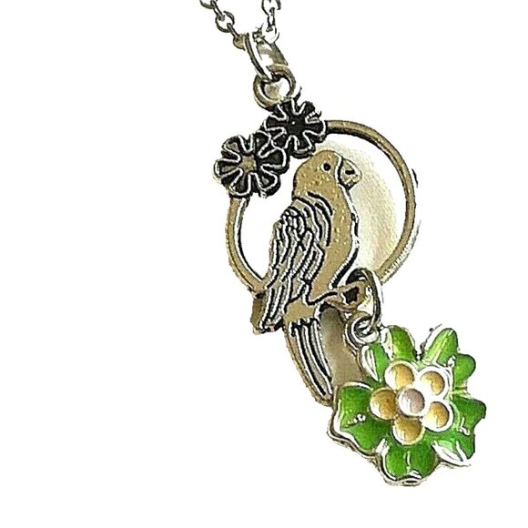 Vintage Parrot Necklace 20" Stainless Steel Chain Silver Tone Island Flowers - Picture 3 of 12